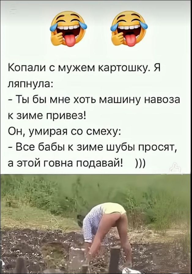 Копали с мужем картошку. Я ляпнула: - Ты бы мне хоть машину навоза к зиме привез! Он, умирая со смеху: - Все бабы к зиме шубы просят, а этой говна подавай! )))
