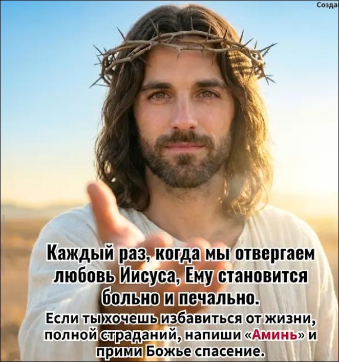 Каждый раз, когда мы отвергаем любовь Иисуса, Ему становится больно и печально. Если ты хочешь избавиться от жизни, полной страданий, напиши Аминь и примни Божье спасение.