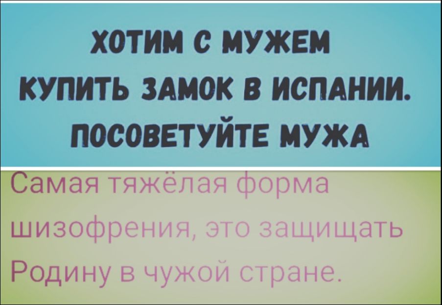 Хотим с мужем купить замок в Испании. Посоветуйте мужа. Самая тяжёлая форма шизофрения, это защищать Родину в чужой стране.