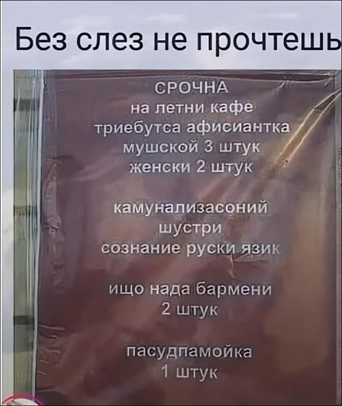 Без слез не прочтешь
СРОЧНА
на летни кафе
трѐбуется официантка
мужской 3 штук
женский 2 штук
камунализаcон-й шустри
сознание русского языка
ищо надa барменни
2 штук
пасудпомойка
1 штук