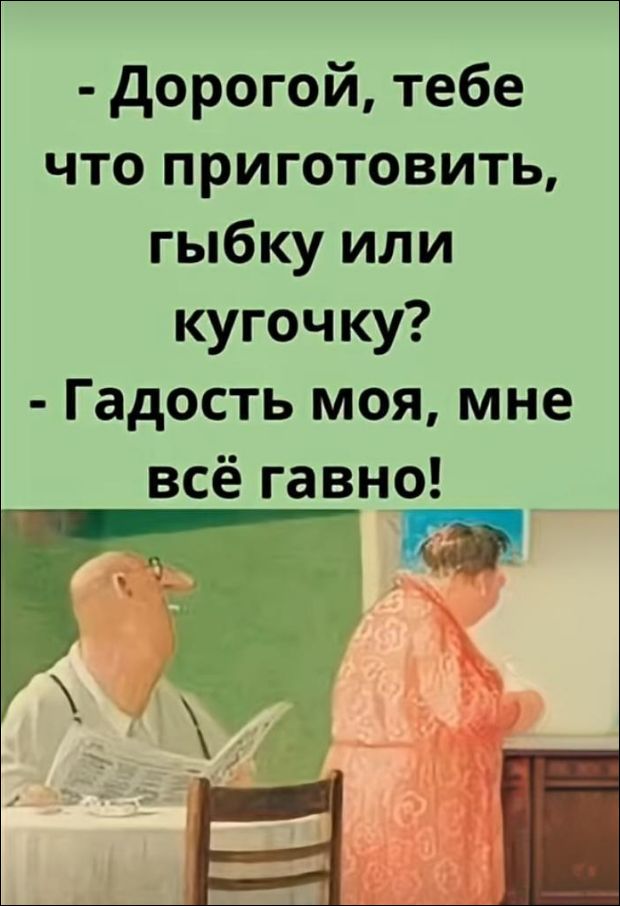 - Дорогой, тебе что приготовить, гыбку или кугочку? - Гадость моя, мне всё гавно!
