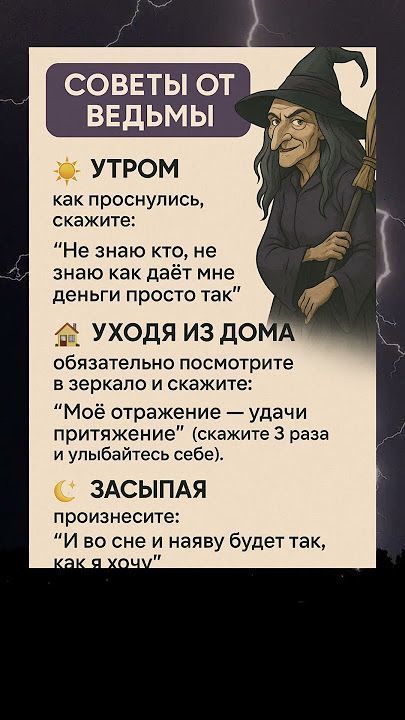 СОВЕТЫ ОТ ВЕДЬМЫ
☀ УТРОМ: как проснулись, скажите: «Не знаю кто, не знаю как даёт мне деньги просто так».
🏡 УХОДЯ ИЗ ДОМА: обязательно посмотрите в зеркало и скажите: «Моё отражение — удачи притяжение» (скажите 3 раза и улыбнитесь себе).
🌙 ЗАСЫПАЯ: произнесите: «И во сне и наяву будет так, как я хочу».