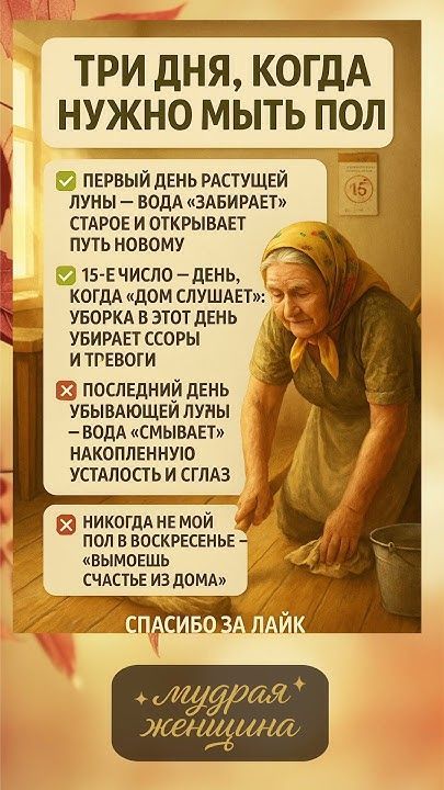 ТРИ ДНЯ, КОГДА НУЖНО МЫТЬ ПОЛ
✔ ПЕРВЫЙ ДЕНЬ РАСТУЩЕЙ ЛУНЫ — ВОДА «ЗАБИРАЕТ» СТАРОЕ И ОТКРЫВАЕТ ПУТЬ НОВОМУ
✔ 15‑Е ЧИСЛО — ДЕНЬ, когда «ДОМ СЛУШАЕТ»: УБОРКА В ЭТОТ ДЕНЬ УБИРАЕТ СОРЫ И ТРЕВОГИ
❌ ПОСЛЕДНИЙ ДЕНЬ УБЫВАЮЩЕЙ ЛУНЫ — ВОДА «СМЫВАЕТ» НАКОПЛЕННУЮ УСТАЛОСТЬ И ГЛАЗА
❌ НИКОГДА НЕ МОЙ ПОЛ ВОСКРЕСЕНЬЕМ — «ВЫМОЕШЬ» СЧАСТЬЕ ИЗ ДОМА
СПАСИБО ЗА ЛАЙК
мудрая женщина
