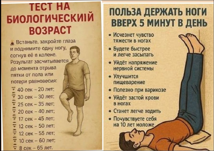 ТЕСТ НА БИОЛОГИЧЕСКИЙ ВОЗРАСТ. Встаньте, закройте глаза и поднимите одну ногу, согните её в колене. Результат рассчитывается по формуле. ПОЛЬЗА ДЕРЖАТЬ НОГИ ВВЕРХ 5 МИНУТ В ДЕНЬ. Исчезнет чувство тяжести в ногах. Будете быстрее и легче засыпать. Уйдёт напряжение нервной системы. Улучшится пищеварение. Полезно для варикоза. Уйдёт засто́й крови в ногах. Станет легче ходить.