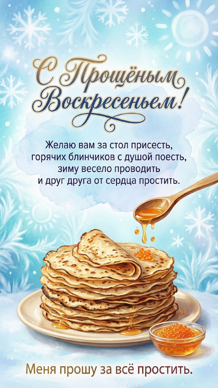 С Прощённым Воскресеньем! Желаю вам за стол присесть, горячих блиночков с душой съесть, зиму весело проводить и друг друга от сердца простить. Меня прошу за всё простить.