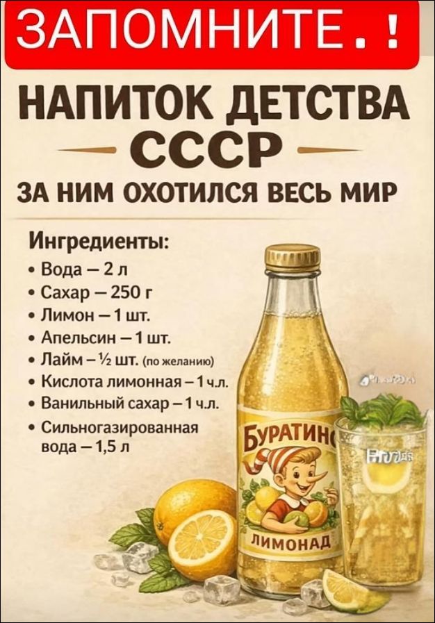 ЗАПОМНИТЕ. ЗАПОМНИТЕ! НАПИТОК ДЕТСТВА СССР ЗА НИМ ОХОТИЛСЯ ВЕСЬ МИР Ингредиенты: Вода — 2 л Сахар – 250 г Лимон – 1 шт. Апельсин – 1 шт. Лайм – ½ шт. (по желанию) Кислота лимонная – 1 ч.л. Ванильный сахар – 1 ч.л. Сильногазированная вода – 1,5 л