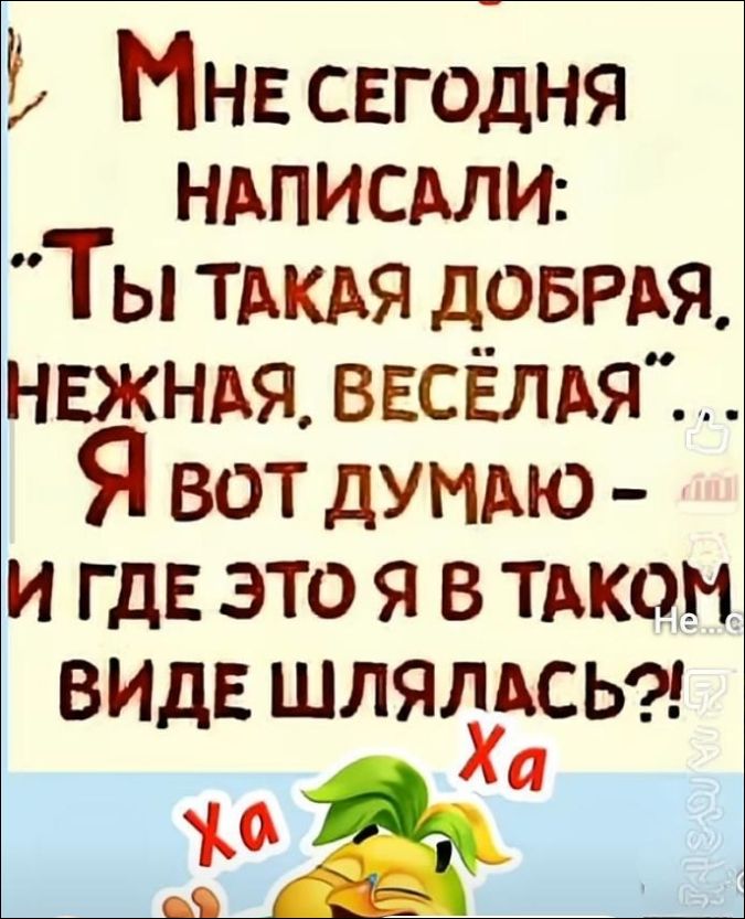 МНЕ СЕГОДНЯ НАПИСАЛИ: 'ТЫ ТАКАЯ ДОБРАЯ, НЕЖНАЯ, ВЕСЁЛАЯ'. Я вот думаю - и где это я в таком виде шлялась? Ха Ха