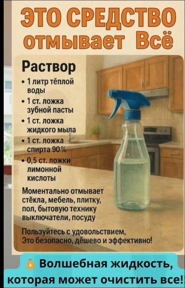 Это средство отмывает всё. Раствор: 1 литр тёплой воды, 1 ст. ложка зубной пасты, 1 ст. ложка жидкого мыла, 1 ст. ложка спирта 90%, 0,5 ст. ложки лимонной кислоты. Мгновенно отмывает стекла, мебель, плитку, пол, бытовую технику, выключатели, посуду. Волшебная жидкость, которая может очистить всё!