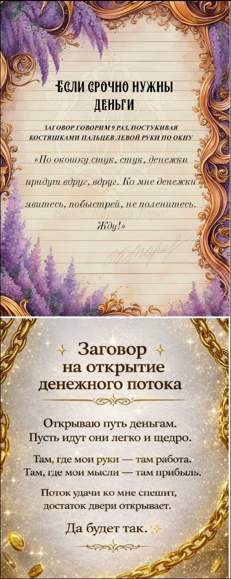 ЕСЛИ СРОЧНО НУЖНЫ ДЕНЬГИ ... ЗАГОВОР ГОВОРИМ 9 РАЗ, ПОСТУКИВАЯ ПО ЛЕВОЙ РУКЕ ПО ОКНУ. «По окончку ступк, денежки придут вдруг». ЗАГОВОР НА ОТКРЫТИЕ ДЕНЕЖНОГО ПОТОКА: Открываю путь деньгам. Пусть идут они легко и щедро. Там, где мои руки — там работа. Там, где мои мысли — там прибыль. Поток удачи ко мне спешит, да будет так.