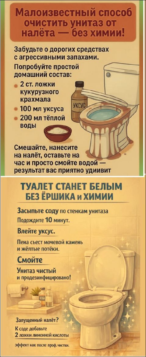 Малоизвестный способ очистить унитаз от налёта — без химии! Забудьте о дорогих средствах с агрессивными запахами. Попробуйте простой домашний состав: 2 ст. ложки кукурузного крахмала, 100 мл уксуса, 200 мл тёплой воды. Смешайте, нанесите на налёт, оставьте на час и просто смойте водой — результат вас приятно удивит\n\nТуалет станет белым без ёршика и химии. Подождите 10 минут. Влейте уксус. Пена съест мочевой камень и желтые потеки. Смойте — унитаз чистый и продезинфицированный!\nЗапущенный налёт? К добавьте 2 ложки лимонной кислоты.