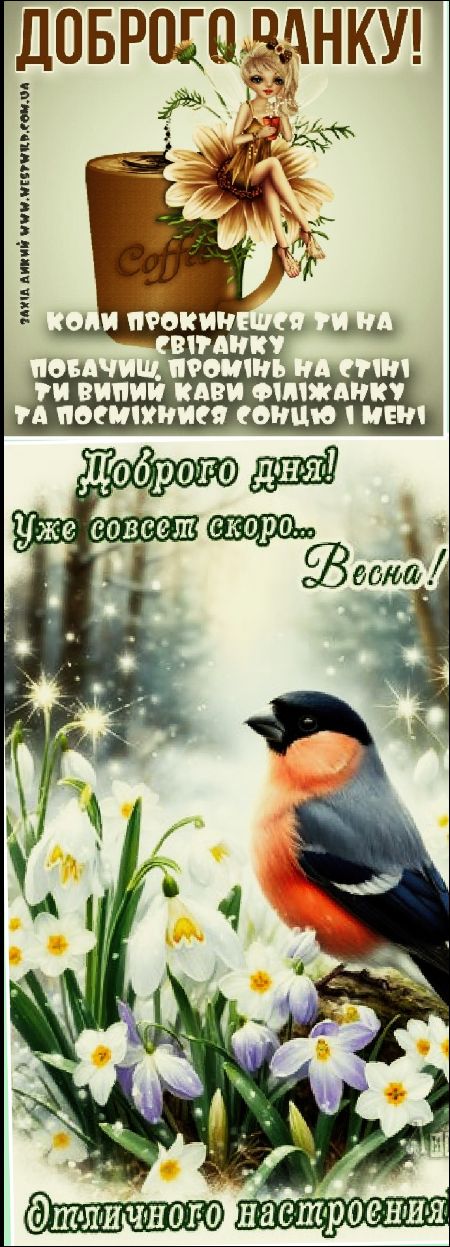 ДОБРОГО РАНКУ! КОЛИ ПРОКИНЬЕСЯ ТИ НА СВІТАНКУ ПОБАЧИШ ПРОМІН НА СТІНІ ТИ ВИЛИ КАВУ ФІЛЖАНКУ ТА ПОСМІХНУЄШСЯ СОНЦЮ І МЕНІ. Доброї дня! Уже совсем скоро... Весна! Отличного настроения
