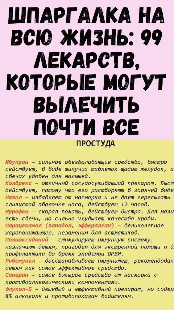 ШПАРГАЛКА НА ВСЮ ЖИЗНЬ: 99 ЛЕКАРСТВ, КОТОРЫЕ МОГУТ ВЫЛЕЧИТЬ ПОЧТИ ВСЕ. ПРОСТУДА