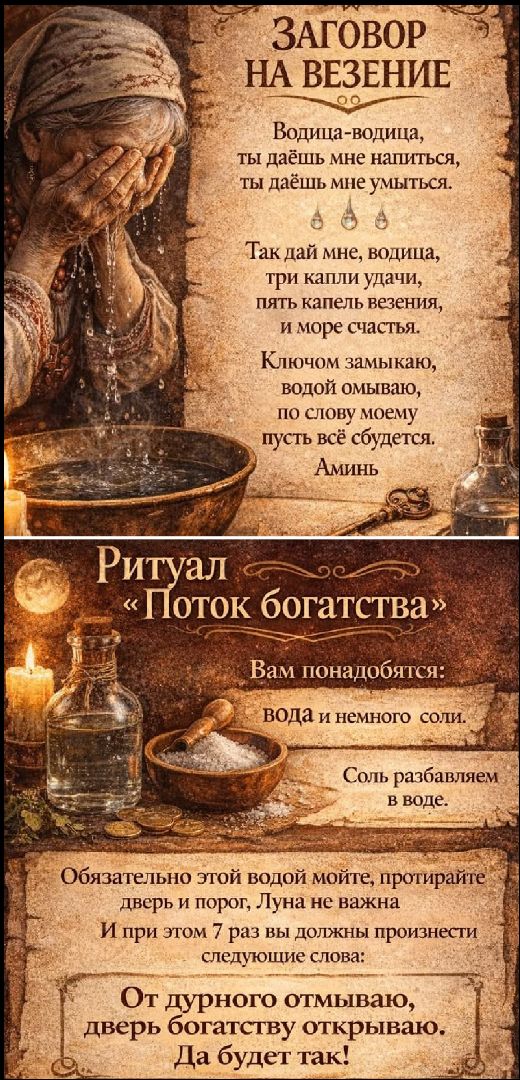 ЗАГОВОР НА ВЕЗЕНИЕ
Водицa-водица, ты даёшь мне напиться, ты даёшь мне умЫться. Так дай мне, водица, три капли удачи, пять капель везения, и море счастья. Ключом замываю, водой обмываю, по слову моему пусть всё сбудется. Аминь
Ритуал “Поток богатства”
Вам понадобятся: вода и немного соли. Соль разбавляем в воде.
Обязательно этой водой мойте, протирайте дверь и порог. Луна не важна. И при этом 7 раз вы должны произнести следующие слова: От другого отмываю, дверь богатство открывай. Да будет так!