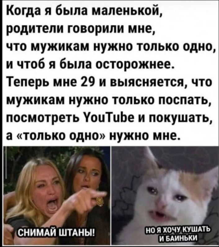 Когда я была маленькой, родители говорили мне, что мужикам нужно только одно, и чтоб я была осторожнее. Теперь мне 29 и выясняется, что мужикам нужно только поспать, посмотреть YouTube и покушать, а «только одно» нужно мне.