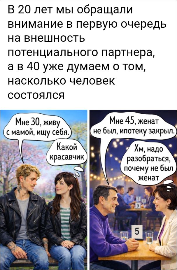 В 20 лет мы обращали внимание в первую очередь на внешность потенциального партнера, а в 40 уже думаем о том, насколько человек состоялся. Мне 30, живу с мамой, ищу себя. Какой красавчик. Мне 45, женат не был, ипотеку закрыл. Хм, надо разобраться, почему не был женат.