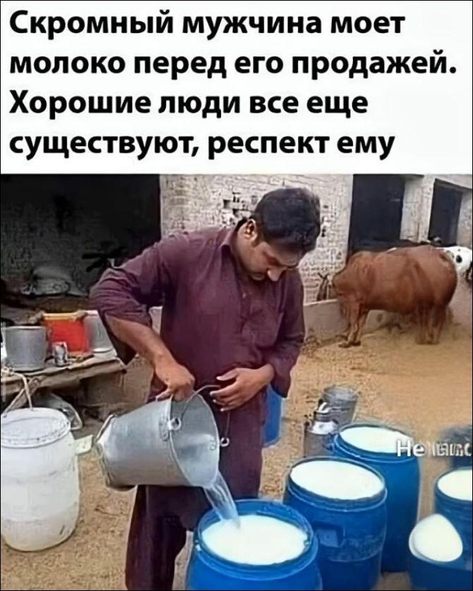 Скромный мужчина моет молоко перед его продажей. Хорошие люди все еще существуют, уважение ему