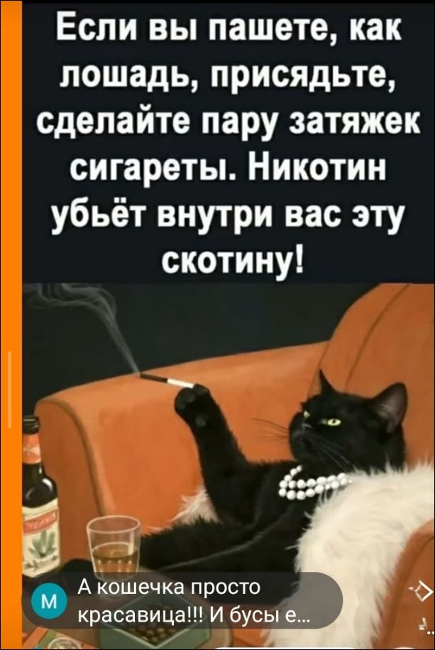 Если вы пашете, как лошадь, присядьте, сделайте пару затяжек сигареты. Никотин убьёт внутри вас эту скотину! А кошечка просто красавица!!!