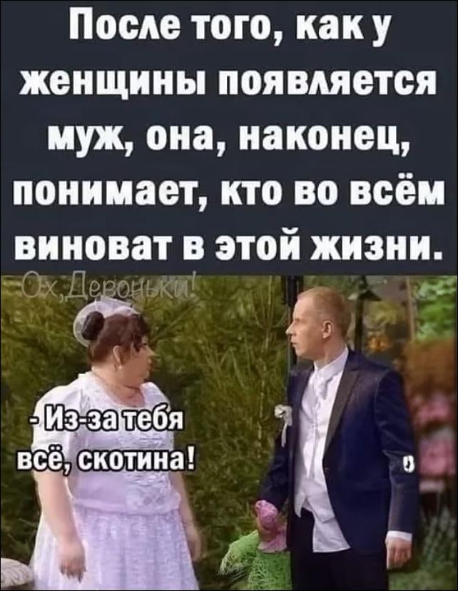 После того, как у женщины появляется муж, она, наконец, понимает, кто во всём виноват в этой жизни. - Из-за тебя всё, скотина!