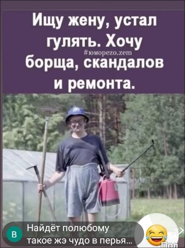 Ищу жену, устал гулять. Хочу борща, скандалов и ремонта. #юморезо.zem Найдёт полюбому такое жэ чудо в перья...