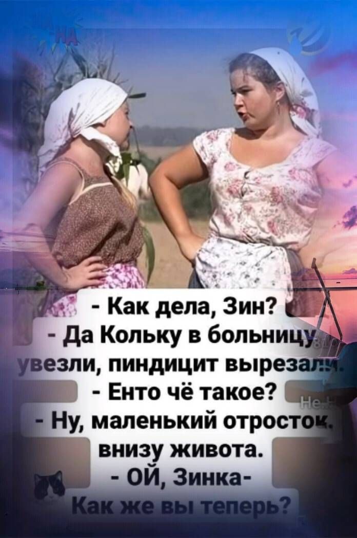 Как дела, Зин? Да Кольку в больницу увезли, пиндицит вырезали. Енто чё такое? Ну, маленький отросток. внизу живота. ОЙ, Зинка- Как же вы теперь?
