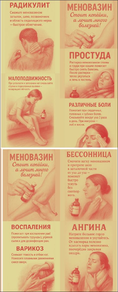 РАДИКУЛИТ Смажьте меновазином затылок, шею, позвоночник и область седалищного нерва – быстрое облегчение. МЕНОВАЗИН Стоит копейки, а лечит много болезней! ПРОСТУДА Растирка меновазином спины и груди при кашле помогает быстро снять болезнь. После растирки – тепло укутаться и лечь в постель. МАЛОПОДВИЖНОСТЬ При усталости и затекании ног смазывайте ст