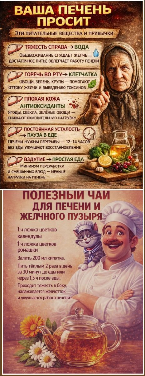 ВАША ПЕЧЕНЬ ПРОСИТ ЭТИ ПИТАТЕЛЬНЫЕ ВЕЩЕСТВА И ПРИВЫЧКИ ТЯЖЕСТЬ СПРАВА → ВОДА Обезвоживание сгущает желчь — достаточное питьё облегчает работу печени ГОРЕЧЬ ВО РТУ → КЛЕТЧАТКА Овощи, зелень, крупы — помогают оттоку желчи и выведению токсинов ПЛОХАЯ КОЖА — АНТИОКСИДАНТЫ Ягоды, свёкла, зелёные овощи — снижают окислительную нагрузку ПОСТОЯННАЯ УСТАЛОСТ
