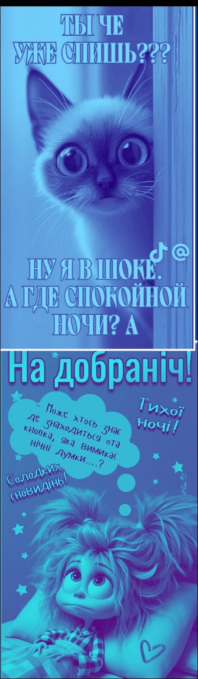 Ты что, уже спишь??? Ну я в шоке. А где спокойной ночи? А. Доброй ночи! Может, кто-то знает кнопку, которая выключает ночные мысли...? Сладких сновидений! Тихой ночи!