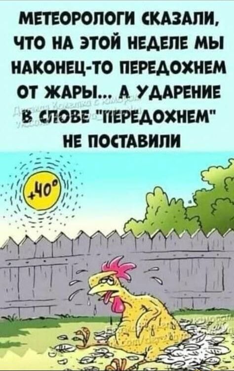 МЕТЕОРОЛОГИ СКАЗАЛИ, ЧТО НА ЭТОЙ НЕДЕЛЕ МЫ НАКОНЕЦ-ТО ПЕРЕДОХНЕМ ОТ ЖАРЫ... А УДАРЕНИЕ В СЛОВЕ 