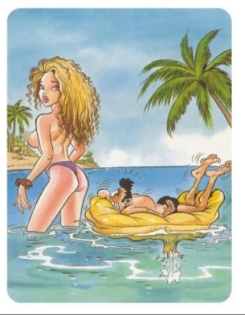 Пляжная сцена с обнажённой женщиной и отдыхающими на надувном матрасе