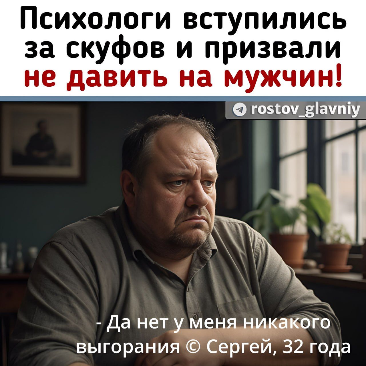 Психологи вступились за скуфов и призвали не давить на мужчин!\n- Да нет у меня никакого выгорания © Сергей, 32 года