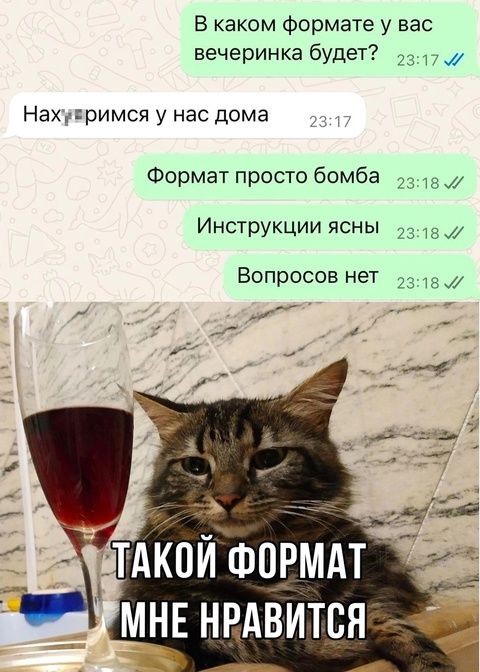 В каком формате у вас вечеринка будет? Нах@рлимся у нас дома. Формат просто бомба. Инструкции ясны. Вопросов нет. ТАКОЙ ФОРМАТ МНЕ НРАВИТСЯ