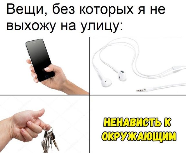 Вещи, без которых я не выхожу на улицу:
1. Телефон
2. Наушники
3. Ключи
4. НЕНАВИСТЬ К ОКРУЖАЮЩИМ