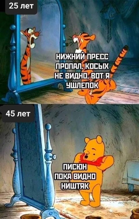25 лет
НИЖНИЙ ПРЕСС
ПРОПАЛ, КОСЫХ
НЕ ВИДНО, ВОТ Я
УШЛЕПОК

45 лет
ПИСЬОН
ПОКА ВИДНО
НИШТЯК