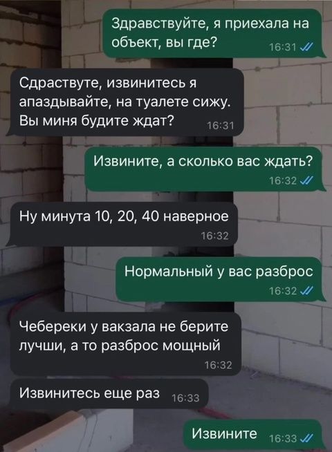 Здравствуйте, я приехала на объект, вы где?
Сдравствуйте, извинитесь я апаздывайте, на толете сижу. Вы меня будете ждать?
Извините, а сколько вас ждать?
Ну минута 10, 20, 40 наверное
Нормальный у вас разброс
Чебереки у вокзала не берите лучшие, а то разброс мощный
Извинитесь еще раз
Извините