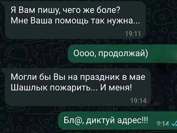 Я Вам пишу, чего же боле? Мне Ваша помощь так нужна... Оооо, продолжай) Могли бы Вы на праздник в мае Шашлык пожарить... И меня! Бл@, диктуй адрес!!!