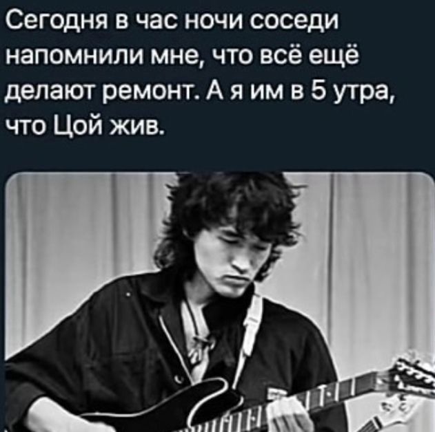 Сегодня в час ночи соседи напомнили мне, что всё ещё делают ремонт. А я им в 5 утра, что Цой жив.