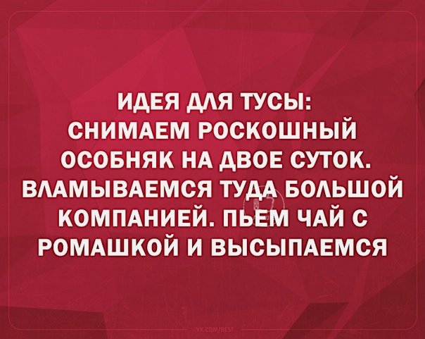 идея ддя тусы сниМАЕм роскошный осовняк нд двов суток вммывмзмся тудА Большой компднивй пьём ЧАЙ с РОМАшкой и высымЕмся
