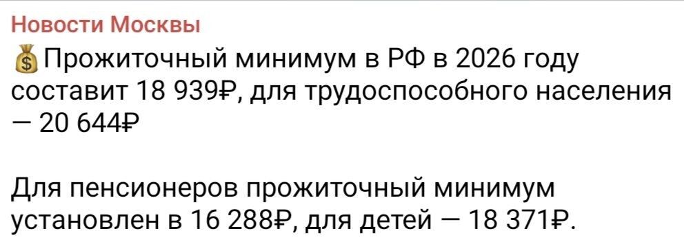 Прожиточный минимум в РФ в 2026 году составит 18 939₽, для трудоспособного населения — 20 644₽

Для пенсионеров прожиточный минимум установлен в 16 288₽, для детей — 18 371₽.