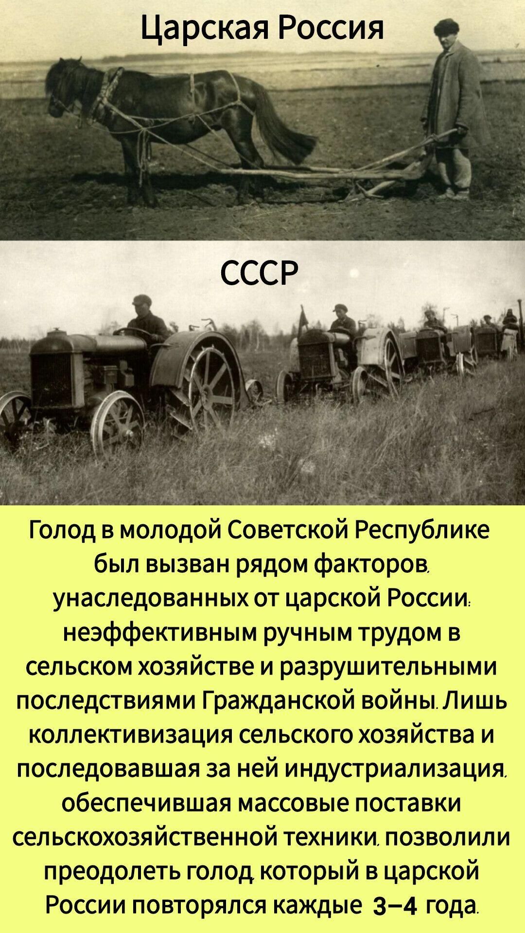 Царская Россия

СССР

Голод в молодой Советской Республике был вызван рядом факторов, унаследованных от царской России: неэффективным ручным трудом в сельском хозяйстве и разрушительными последствиями Гражданской войны. Лишь коллективизация сельского хозяйства и последовавшая за ней индустриализация, обеспечившая массовые поставки сельскохозяйственной техники, позволили преодолеть голод, который в царской России повторялся каждые 3–4 года.