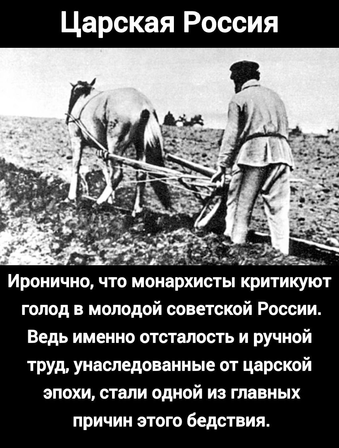 Царская Россия

Иронично, что монархисты критикуют голод в молодой советской России. Ведь именно отсталость и ручной труд, унаследованные от царской эпохи, стали одной из главных причин этого бедствия.