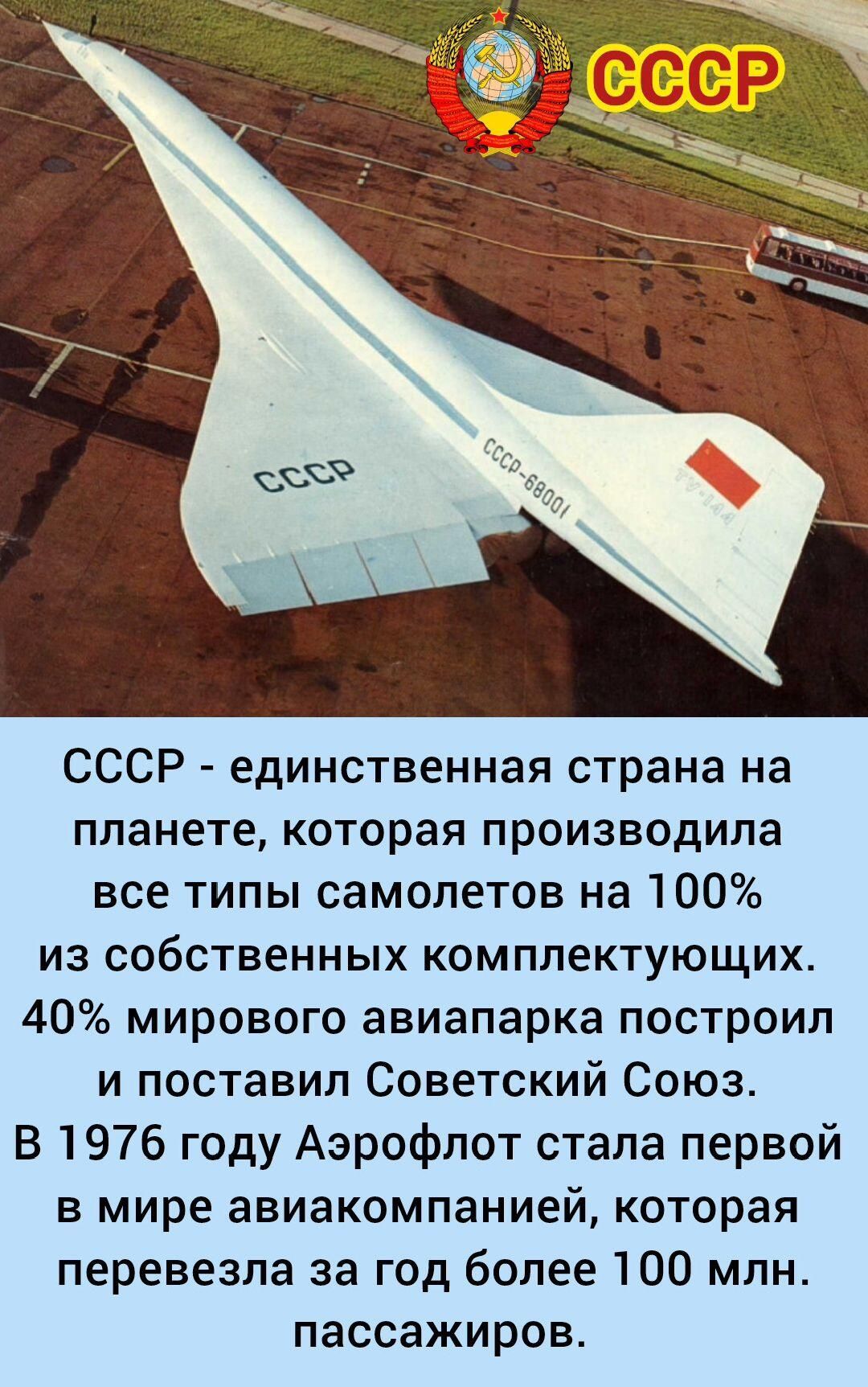 СССР - единственная страна на планете, которая производила все типы самолетов на 100% из собственных комплектующих. 40% мирового авиапарк построил и поставил Советский Союз. В 1976 году Аэрофлот стала первой в мире авиакомпанией, которая перевезла за год более 100 млн пассажиров.