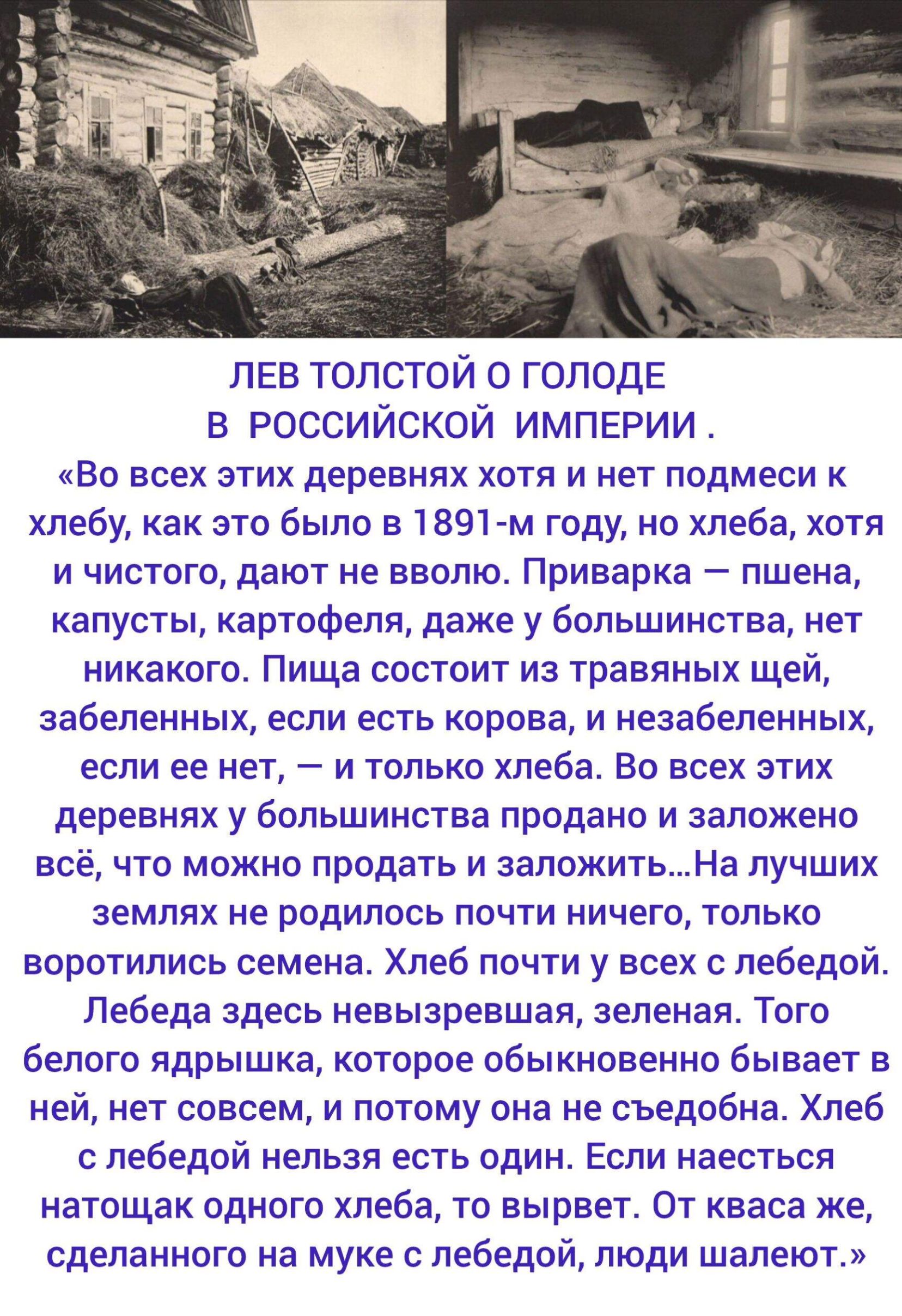 ЛЕВ ТОЛСТОЙ О ГОЛОДЕ В РОССИЙСКОЙ ИМПЕРИИ. «Во всех этих деревнях хоть и нет подмеси к хлебу, как это было в 1891-м году, но хлеба, хотя и чистого, дают не вволю. Приварка — пшена, капусты, картофеля, даже у большинства, нет никакого. Пища состоит из травяных щей, забеленных, если есть корова, и незабеленных, если ее нет, — и только хлеба. Во всех этих деревнях у большинства продано и заложено всё, что можно продать и заложить… На лучших землях не рождается почти ничего, только вороты семена. Хлеб почти у всех с лебедей. Лебеда здесь невызревшая, зеленая. Того белого ядрышка, которое обыкновенно бывает в ней, нет совсем, и потому она не съедобна. Хлеб с лебедой нельзя есть один. Если наесться натощак одного хлеба, то вырежет. От кваса же, сделанного на муке с лебедой, люди шалют.»