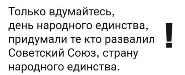 Только вдумайтесь, день народного единства, придумали те кто развалил Советский Союз, страну народного единства.
