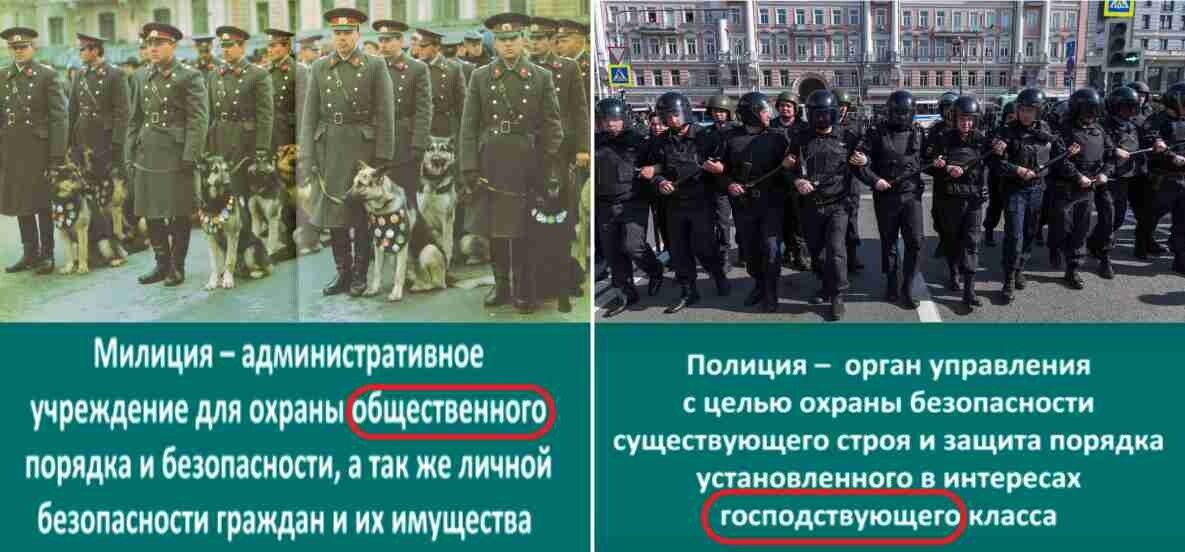 Милиция - административное учреждение для обеспечения общественного порядка и безопасности, а так же личной безопасности граждан и их имущества. Полиция – орган управления с целью сохранения существующего строя и защиты порядка, установленного в интересах господствующего класса.