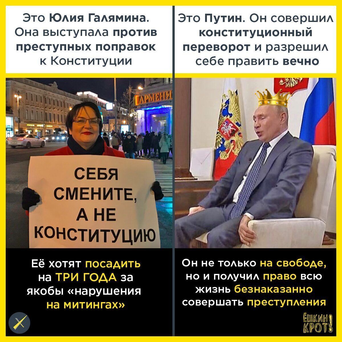 Это Юлия Галямина. Она выступала против преступных поправок к Конституции. Это Путин. Он совершил конституционный переворот и разрешила себе править вечно. Её хотят посадить на три года за якобы нарушения на митингах. Он не только на свободе, но и получил право всю жизнь безнаказанно совершать преступления.