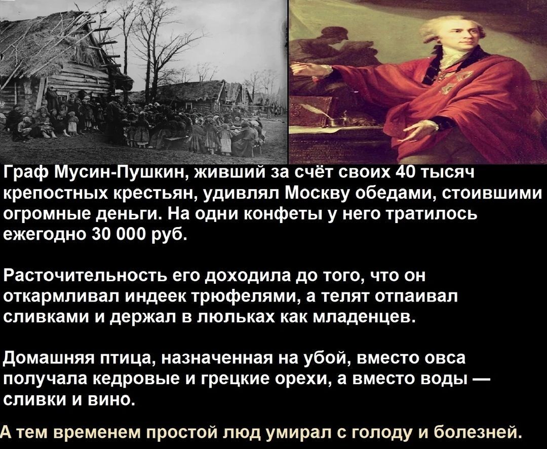 Граф Мусин-Пушкин, живший за счёт своих 40 тысяч крепостных крестьян, удивлял Москву обедами, стоящими огромные деньги. Расчётливость его доходила до того, что он откармливал индей трофефелями, а телят отправлял сливками и держал в люльках как младенцев. Домашняя птица, назначенная на убой, вместо воды — сливки и вино. А тем временем простой человек умер от голода и болезней.