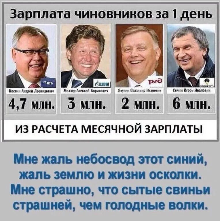 Зарплата чиновников за 1 день
4,7 млн. 3 млн. 2 млн. 6 млн.
ИЗ РАСЧЕТА МЕСЯЧНОЙ ЗАРПЛАТЫ
Мне жал небосвод этот синий, жал землю и жизни осколки. Мне страшно, что сытые свины страшней, чем голодные волки.