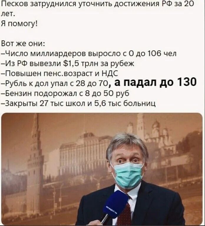 Песков затруднился уточнить достижения РФ за 20 лет. Я помогу! Вот же они: —Число миллиардеров выросло с 0 до 106 чел —Из РФ вывезли $1,5 трлн за рубеж —Повышен пенс.возраст и НДС —Рубль к долл упал с 28 до 70, а падал до 130 —Бензин подорожал с 8 до 50 руб —Закрыты 27 тыс школ и 5,6 тыс больниц
