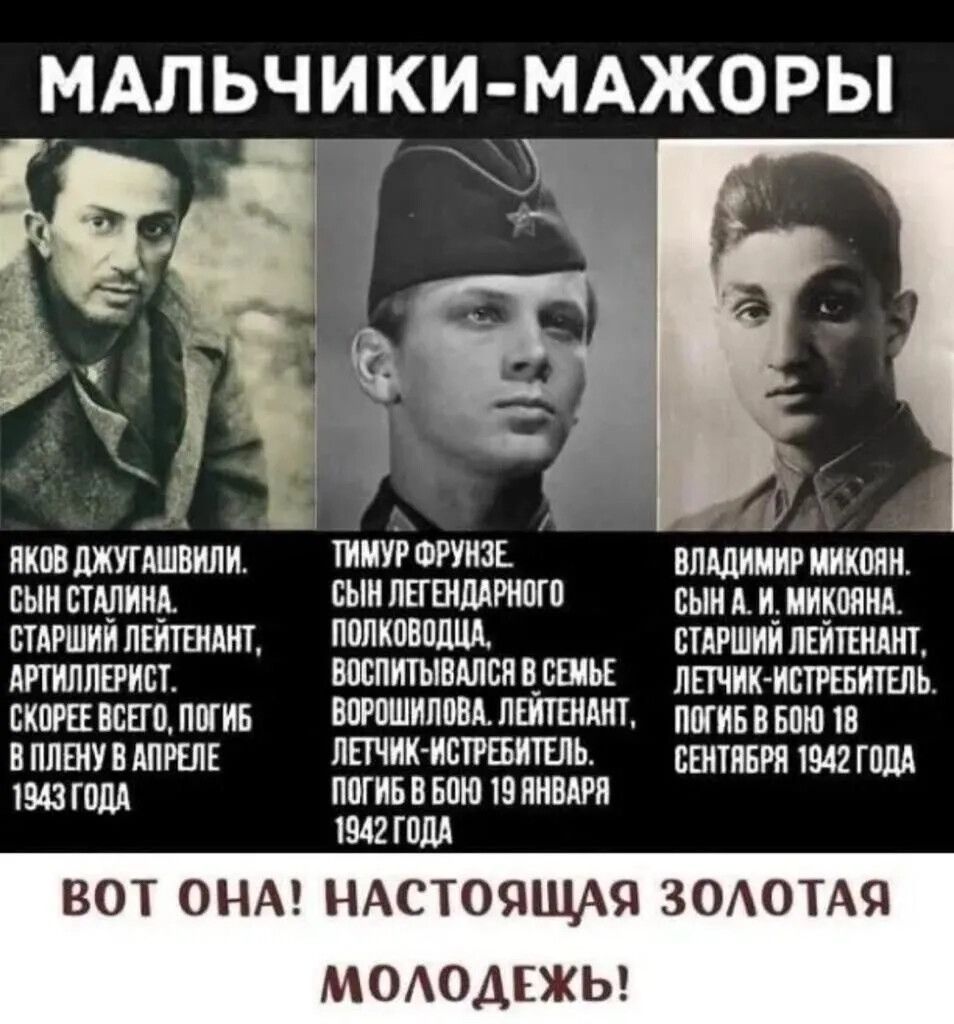 МАЛЬЧИКИ-МАЖОРЫ
Яков Джугашвили. Сын Сталина. Старший лейтенант, артиллерист. Скорее всего, погиб в плену в апреле 1943 года. Тимур Фрунзе сын легендарного полководца. Лейтенант-истребитель. Погиб в бою 19 января 1942 года. Владимир Микоян сын А. Микояна. Старший лейтенант, летчик-истребитель. Погиб 18 сентября 1942 года. Вот она! Настоящая золотая молодёжь!