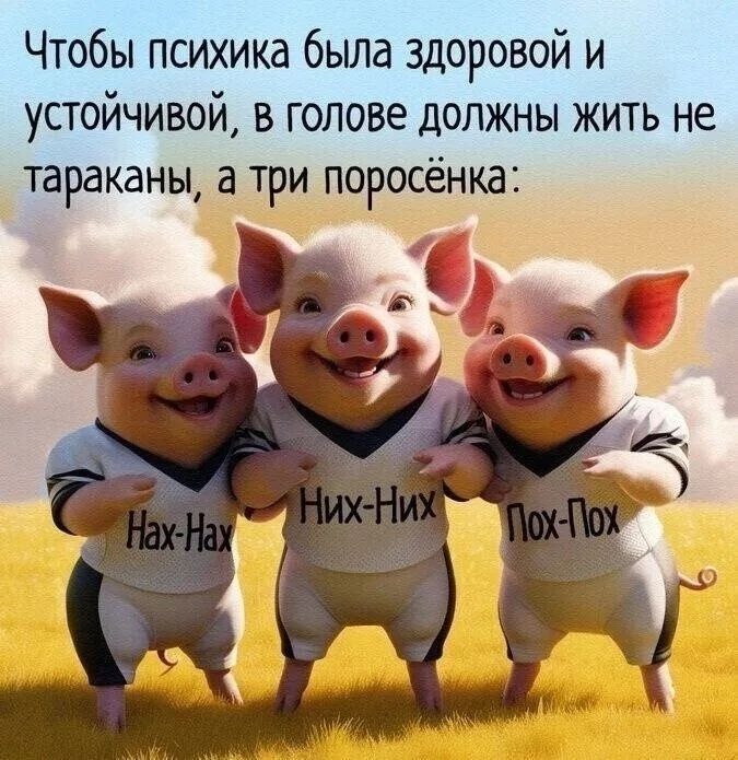 Чтобы психика была здоровой и устойчивой, в голове должны жить не тараканы, а три поросёнка: Нах-Нах, Них-Них, Пох-Пох.